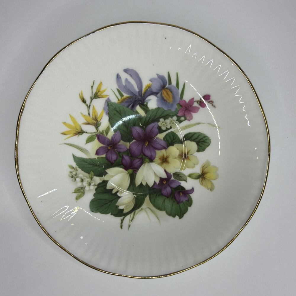 Royal Victorian Stafford Plate Bone China Flowers Ribbed Edge Gold Trim Gift